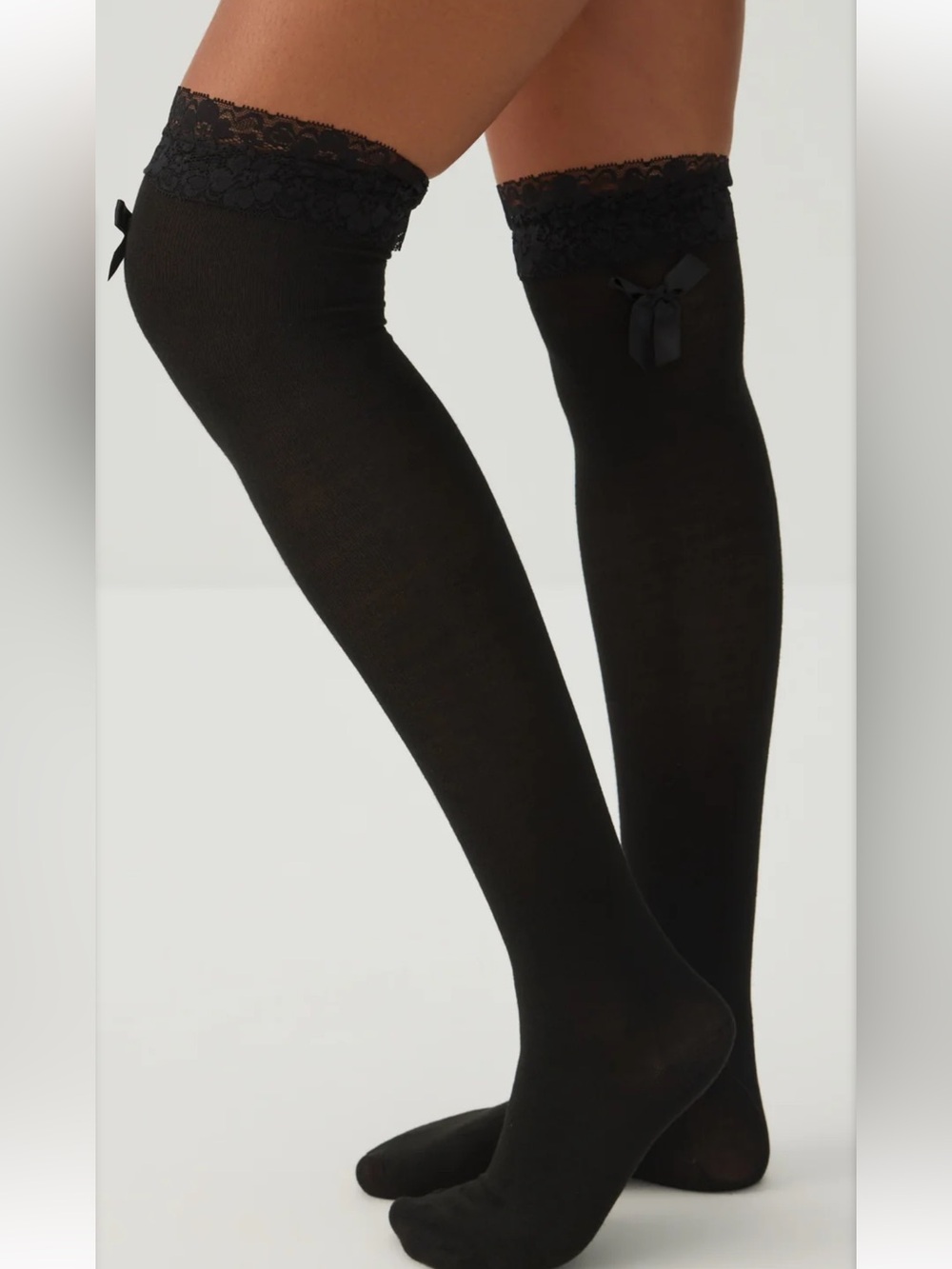 Black Lace-Top Thigh High Socks with Bow